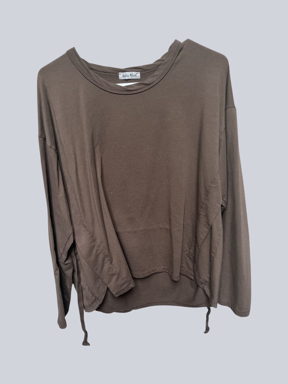 Stella Milani Brown Long Sleeve Top Drawstring Waist Casual Shirt